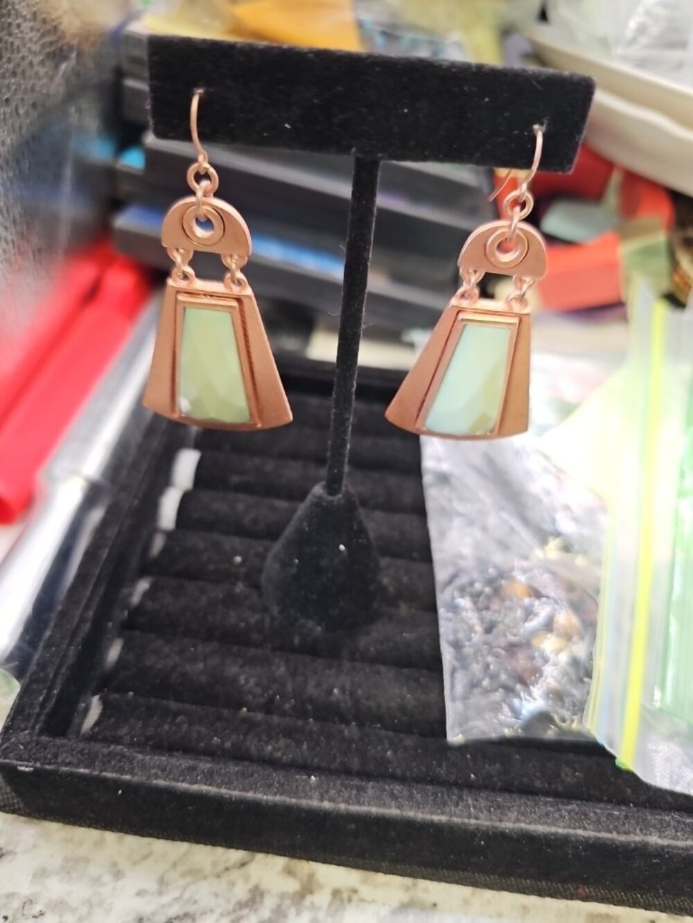 Earrings Pierced French Wire Pierced Coppertone Dangle Green Lucite 2.5" Inches